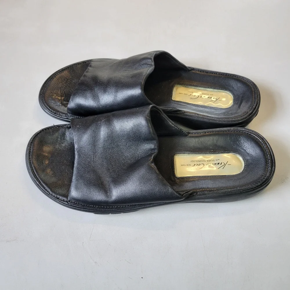 Kenneth Cole New York Mens 8M Leather Slide Sandals Black Silver‎ Technology